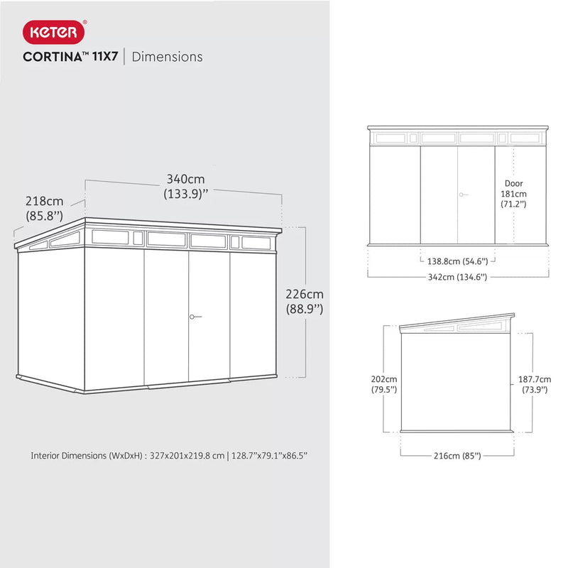 Keter 11x 7 Cortina Heavy Duty Plastic Pent Shed – Dark Grey