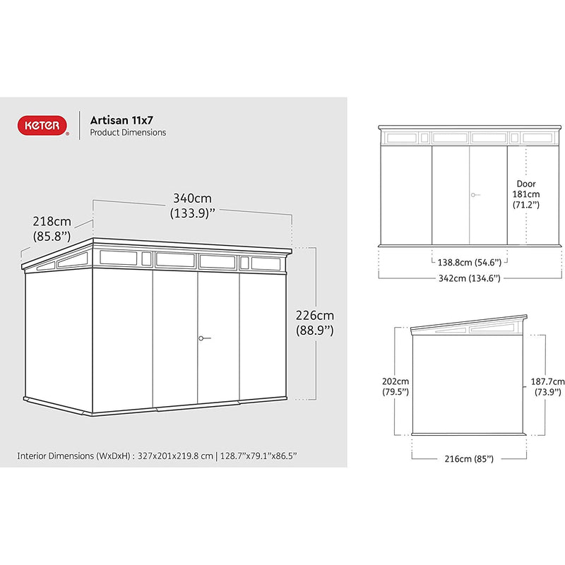 Keter 11x 7 Artisan Heavy Duty Plastic Pent Shed – Grey