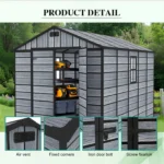 8X10FT Plastic Garden Shed Apex with Floor Window Lockable Door Wood Grain Grey - Image 7