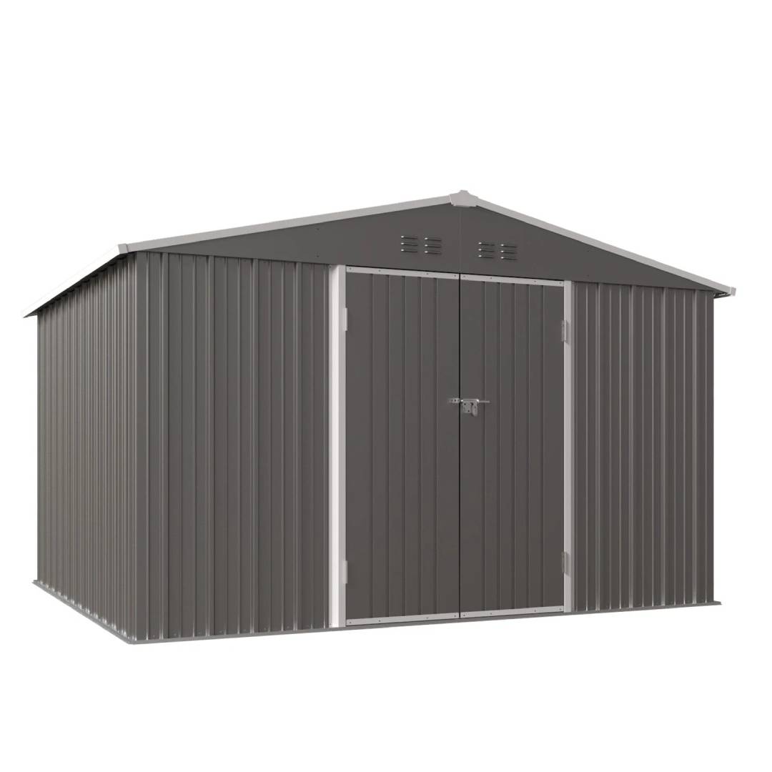 s-lGarden Shed 10X8FT Metal Apex Roof With Free Foundation Base Storage House Grey (8) (2) Garden Shed 10X8FT Metal Apex Roof With Free Foundation Base Storage House Grey - Image 1