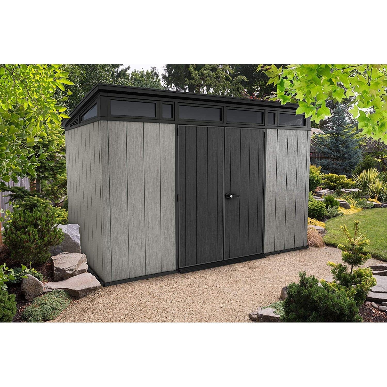 Keter-Artisan-Pent-Outdoor-Garden-Storage-Shed-11x7-2.jpg Keter Artisan 7x11 ft Pent Grey Plastic 2 door Shed with floor & 1 window - Image 1