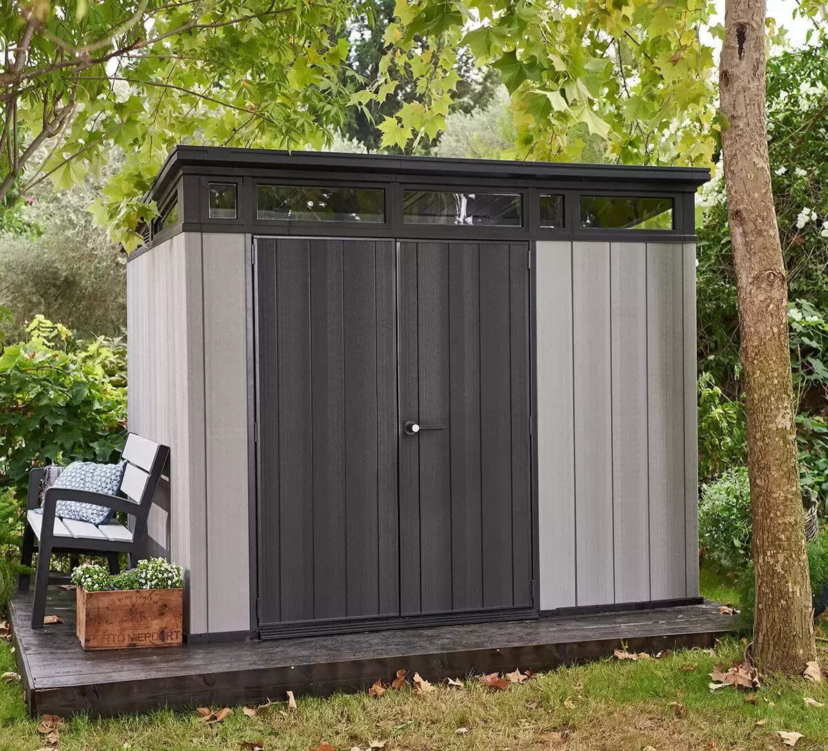 Keter-Artisan-Resin-Garden-Shed-9-x-7ft-3-e1734976678619.jpg Keter Artisan 9x7 ft Pent Grey Plastic 2 door Shed with floor & 1 window - Image 1